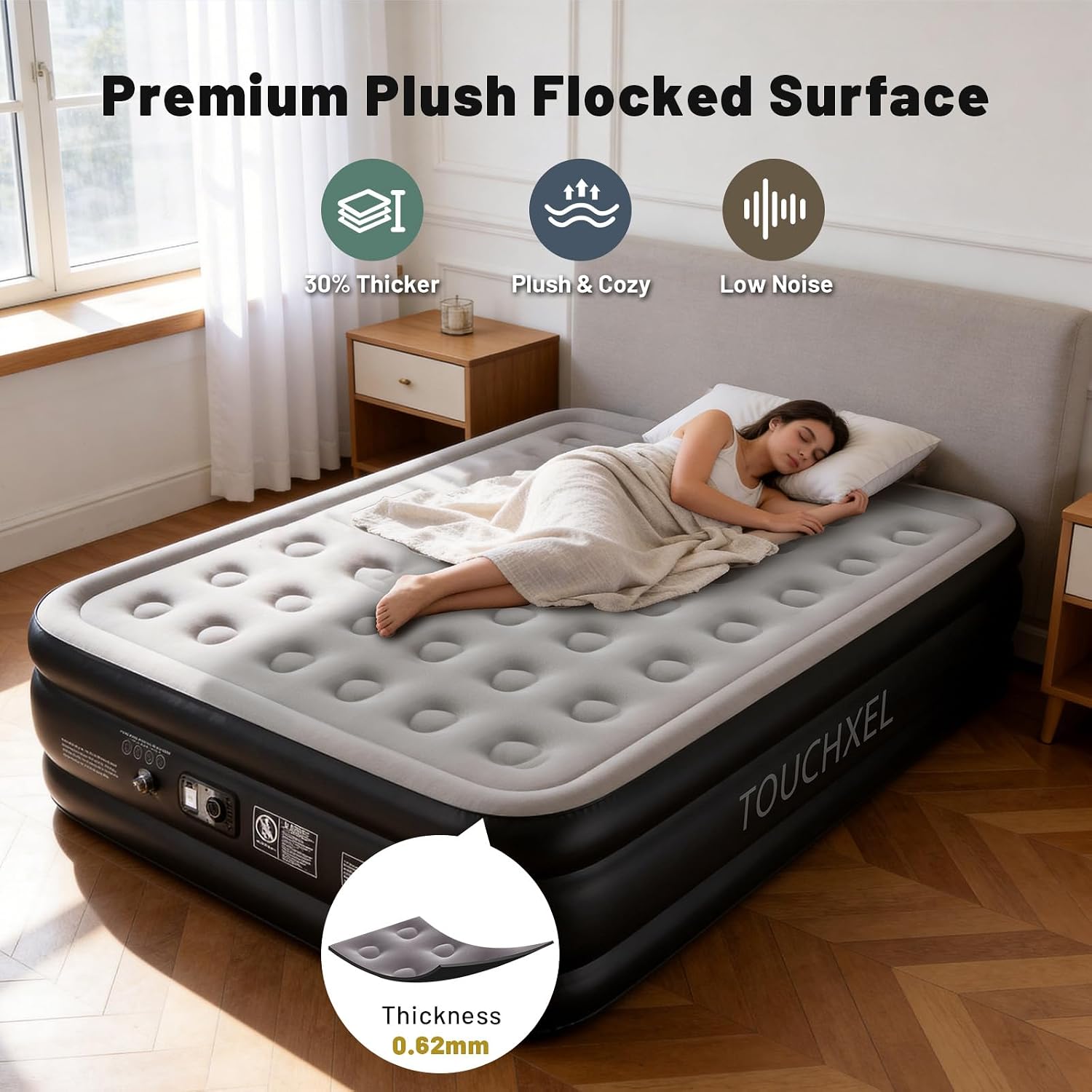 Queen Air Mattress with Built in Pump, 16” Raised Colchon Inflables, 48Hr Leak-Proof, Upgraded Thicker PVC Blow Up Mattress, 3-Min Fast Inflatable Bed for Camping Guests Home Travel, 600 lbs